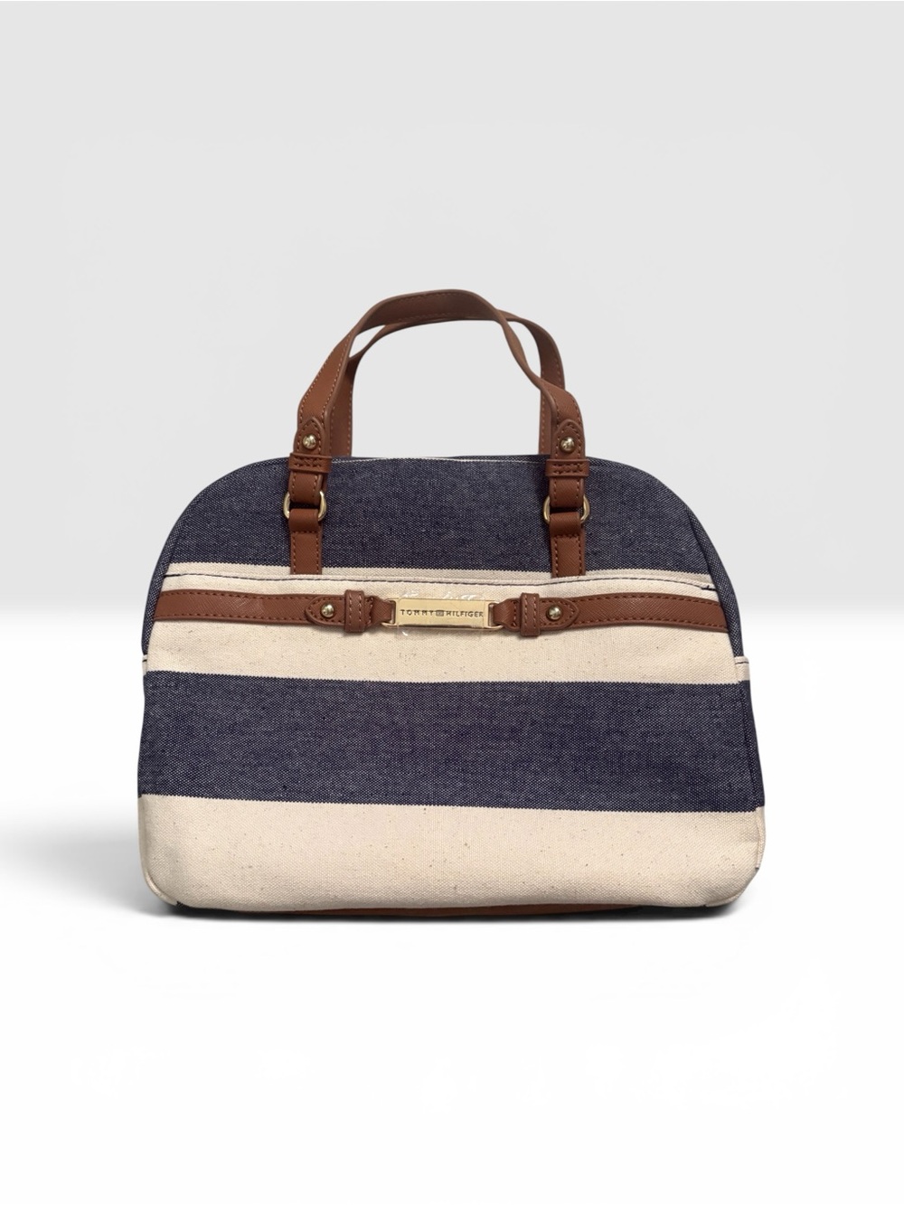 Tommy Hilfiger Navy and Cream Striped Tote with Brown Trim